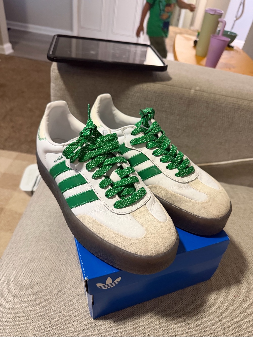 adidas Sambae Leather Sneaker in White & Green with Translucent Gum Sole